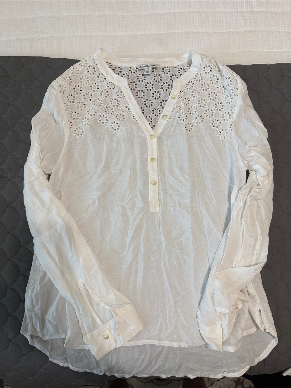 American Eagle Outfitters White Eyelet Yoke Long-Sleeve Blouse